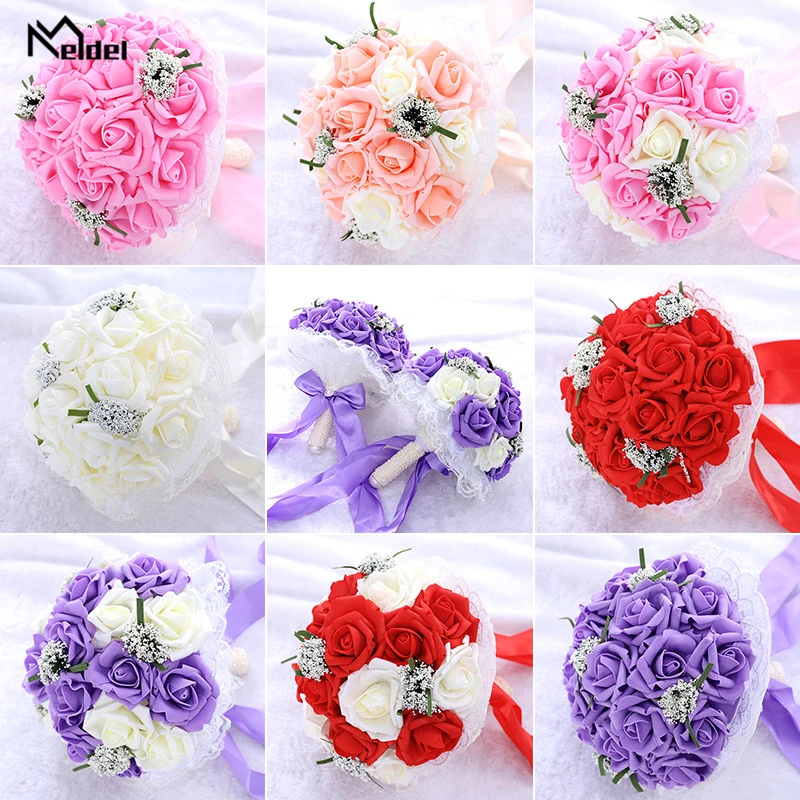 Meldel Bride Wedding Bouquet Bridesmaid Holding Flower Fake Pearl Artificial PE Rose White Party Prom Supplies | Свадьбы и торжества
