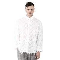 punk men white feathers dress shirt handmade loose long sleeve casual shirt lapel neck blouse tops