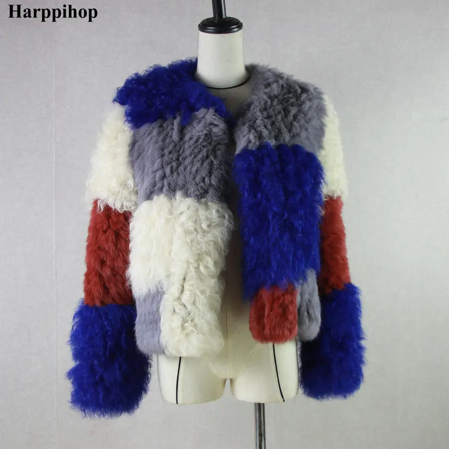 HARPPIHOP * Design кроличья меховая монгольская овчина комбинированная вязаная зимняя