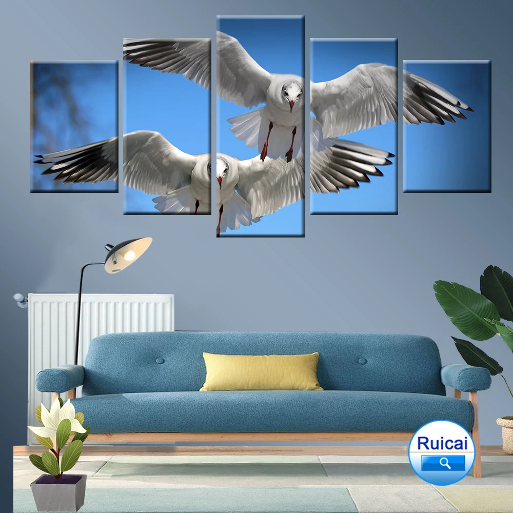 5 panel modular free flying seagull animal poster canvas painting unique home decoration wall art children's room living | Дом и сад