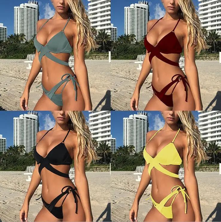 

Sexy Bikinis Women Swimsuit High Waisted Bathing Suits Swim Halter Push Up Bikini Set padded bralette Swimwear 2018 New