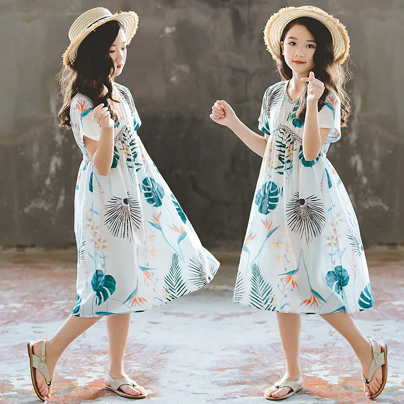 Baby Girls Dress V-neck Banana Leaf Kids Dresses Teens Summer Boho Frocks 2020 Vestido For Beach Cotton Children's Clothes | Детская