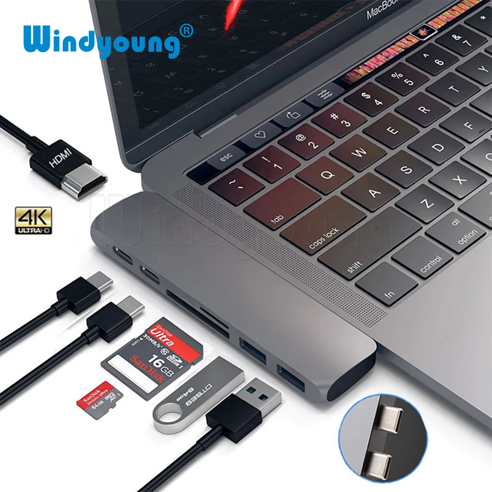 USB 3.0 Type C Hub к HDMI адаптеру 4K 7 в 1 Thunderbolt 3 с TF SD Card Reader PD для MacBook Pro Air 0|USB-хабы| |