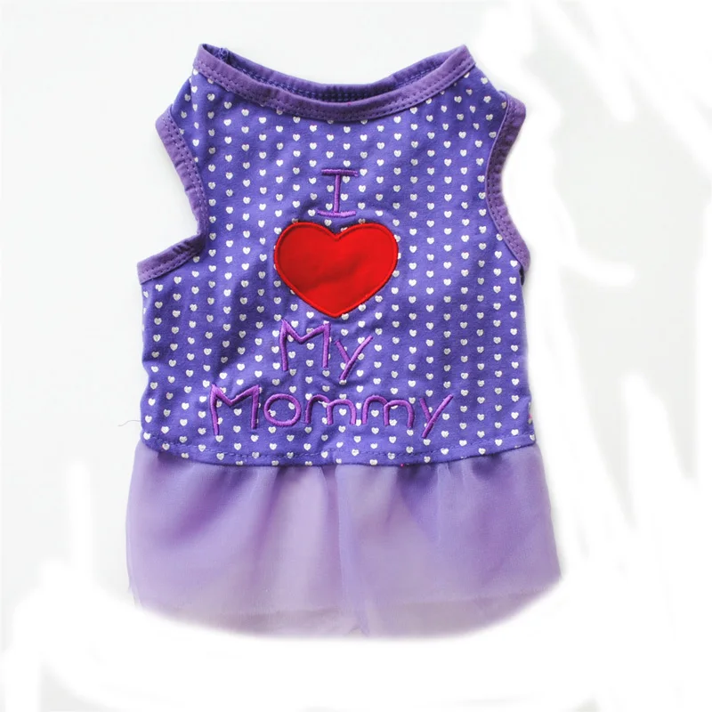 Purple Летняя одежда для собак «I love my папа мама» жилет для собак Милая футболка в горошек для щенка платье принцессы собак Юбка Одежда для животных для маленьких собак - Цвет: Purple