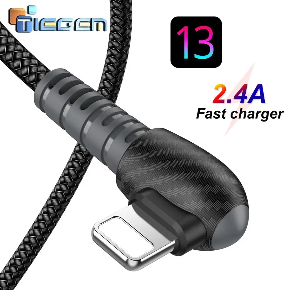 

TIEGEM USB Cable for iPhone Cable 8 7 6 Plus 6s 5 5s SE X iPad 2 Mini 90 Degree Fast Charging Cables Mobile Phone Charger Cord