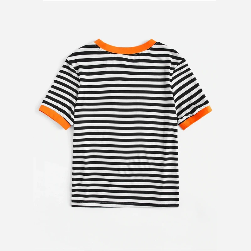 SHEIN Повседневная Полосатая Футболка Ranger с карманом и заплатками, женские топы, Летние Элегантные обычные женские футболки с коротким рукавом и круглым вырезом