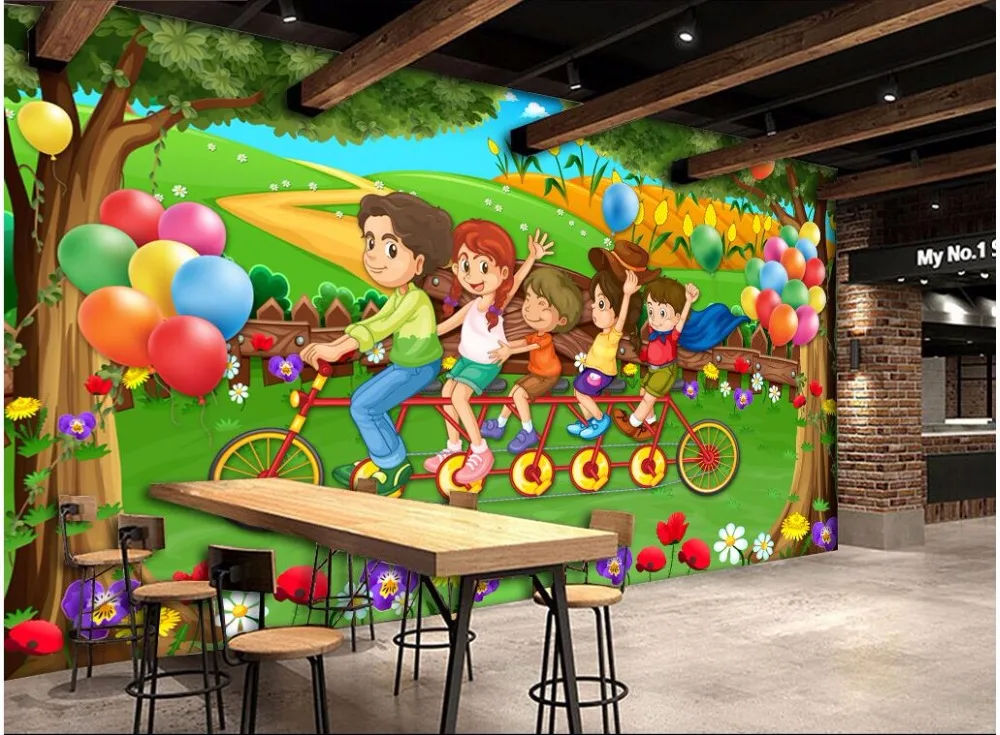 Настенные 3d фотообои на заказ мультяшный детский дом поездка велосипед домашний