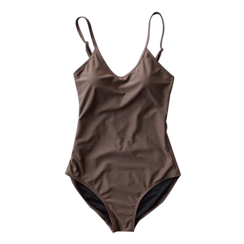 Цельный купальник с подкладкой для женщин, однотонный коричневый купальник с открытой спиной, боди