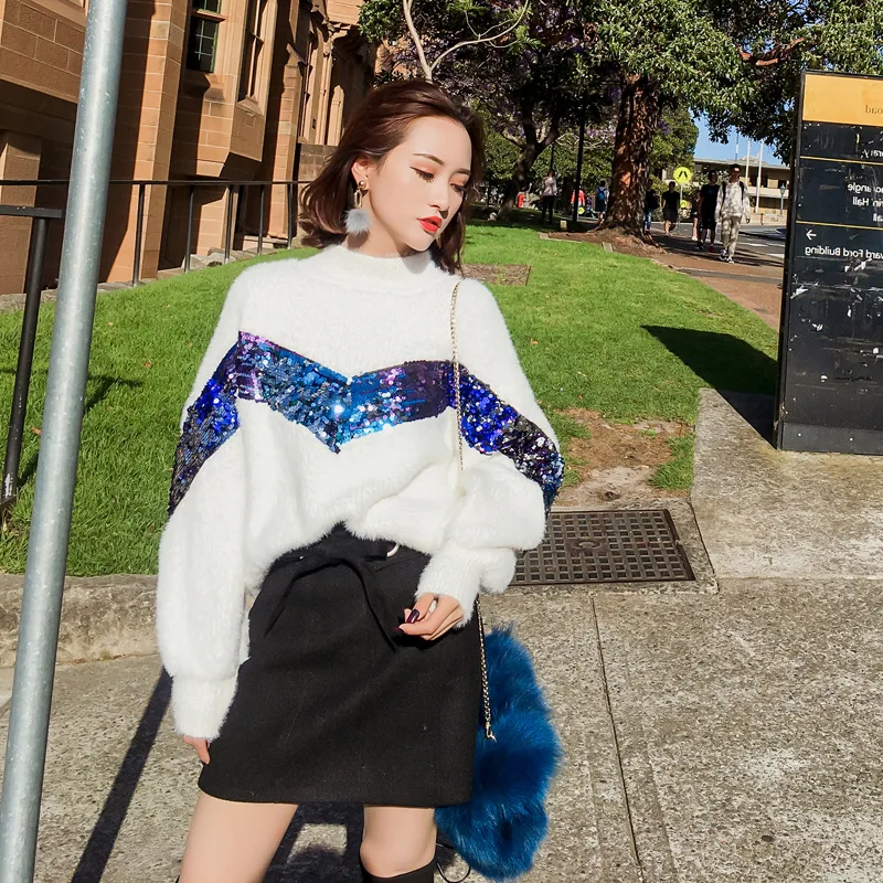 2021 Autumn And Winter New Hedging White Hair Knit Semi-high Collar Imitation Mink Velvet Loose Lantern Sleeves Rabbit Sweater | Женская