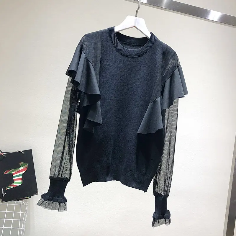 MAXDIROO Women Sexy Lace Ruffles Patchwork Pullover And Sweater Female Fashion Jumper Top Sueter Mujer See Through Sleeve | Женская