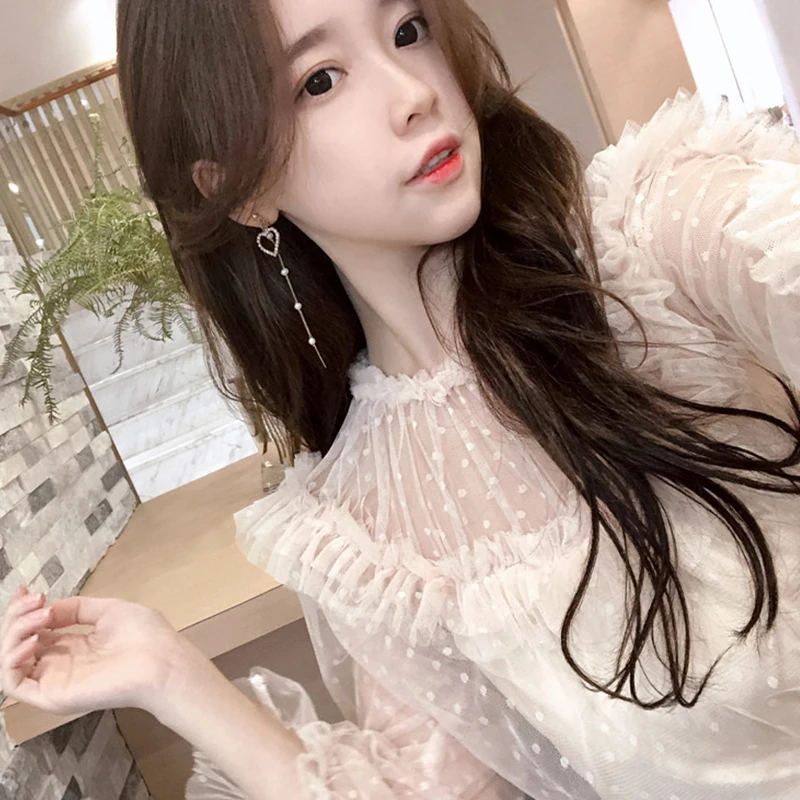 Женская прозрачная блузка в горошек винтажная черного розового бежевого цвета с