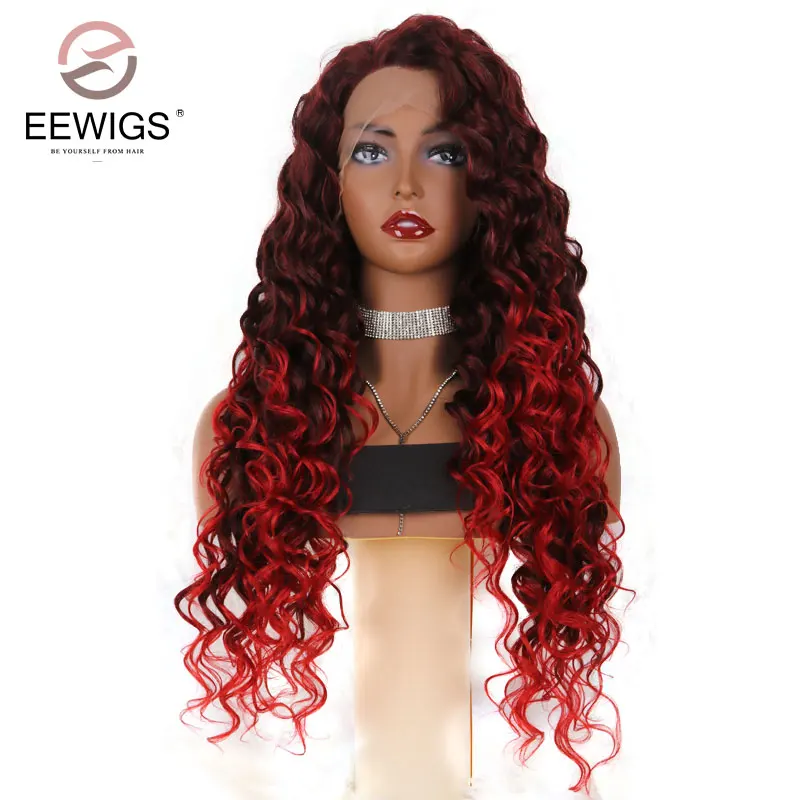 EEWIGS длинные кудрявые Ombre красный парик Синтетический кружевной передний парик с естественными волосами 180% парики высокой плотности для черных женщин