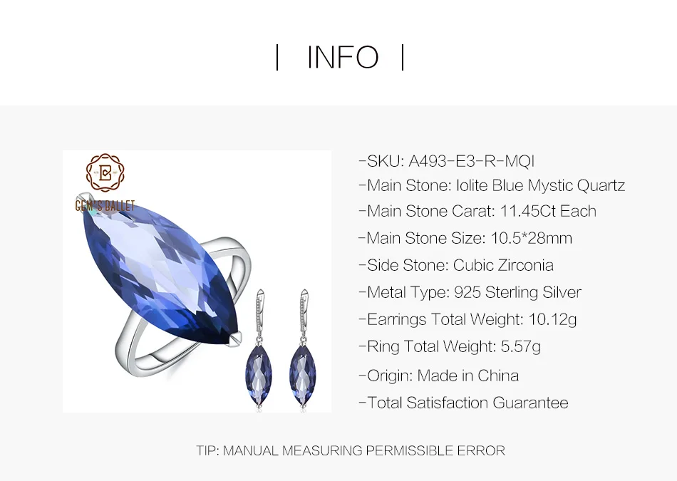 GEM'S BALLET 34.35Ct маркиза натуральный иолит Синий Мистический Кварц серьги кольцо Набор 925 пробы Серебряный набор украшений для женщин