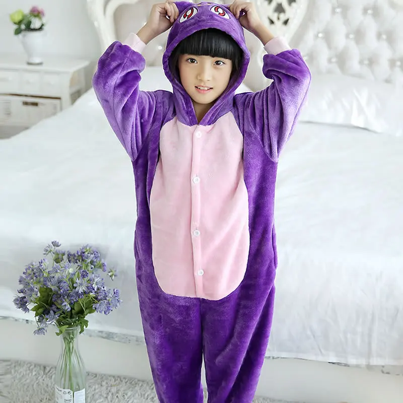 

New Children'S Animal Pajamas Winter Warm Girl Boy Kids Pajama Cartoon Purple Cat Cosplay Onesie Hooded Cute Sleepwear