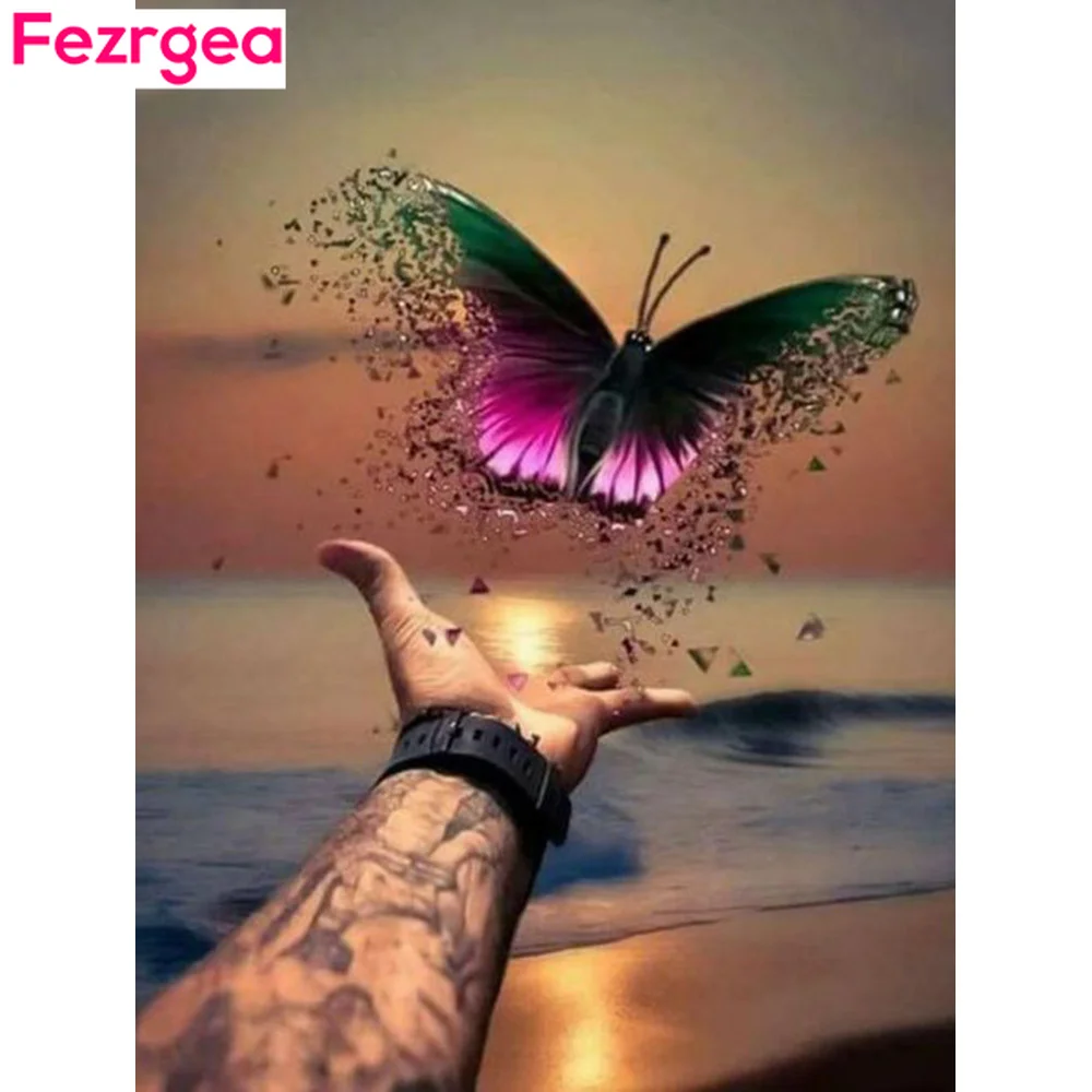 FezrgeaFull Drill Round Diamond Embroidery Butterfly Full Display Animal Diamond Painting Cross Stitch Mosaic 5D DIY Home Decor