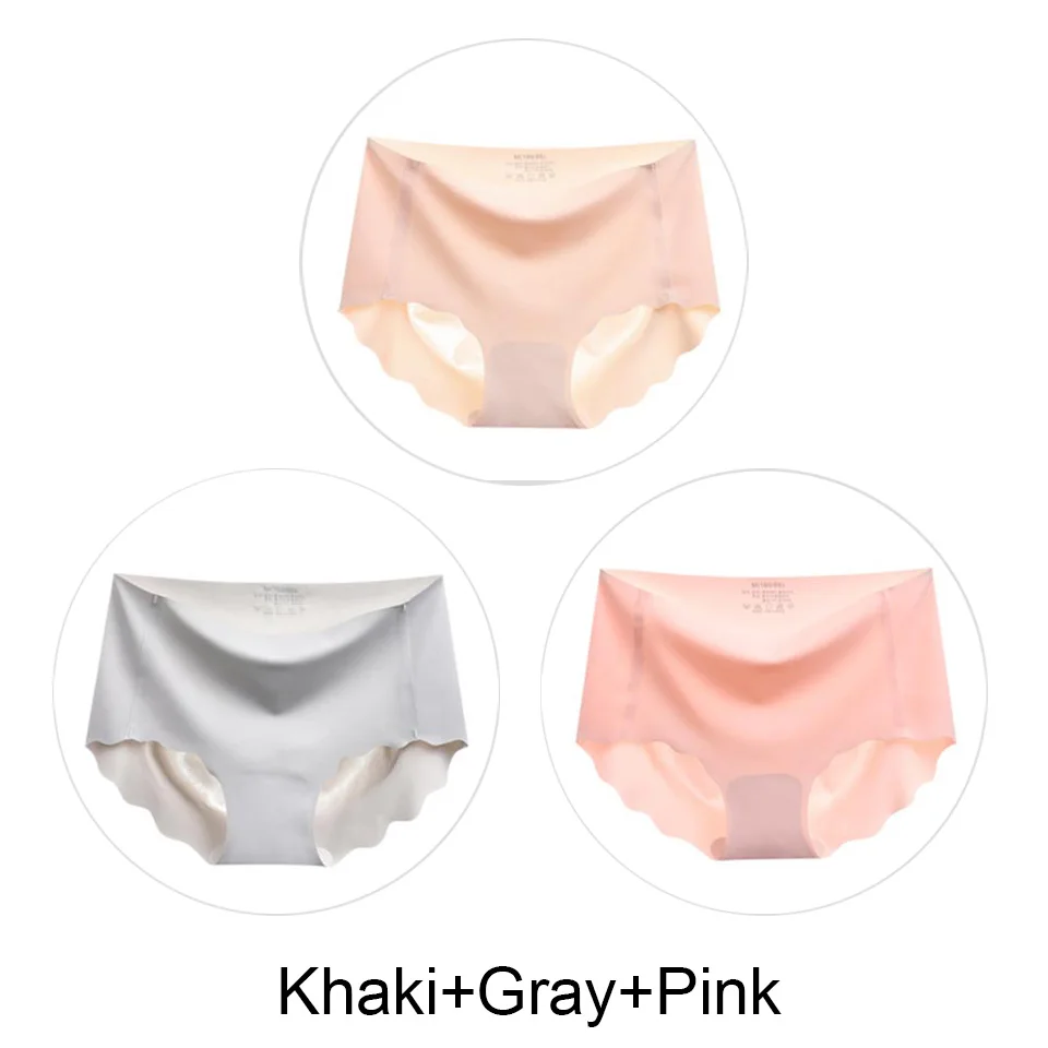 Khkai-Gray-Pink 3 шт. бесшовные трусы, нижнее белье для женщин, сексуальные трусики, одноцветные мягкие трусики для женщин, предотвращающие прилипание к прямой области, Lce шелковые трусики - Цвет: Khkai-Gray-Pink