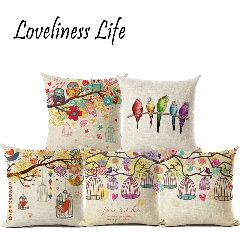 Современная простая подушка Пара птиц и романтических деревьев теплый семейный