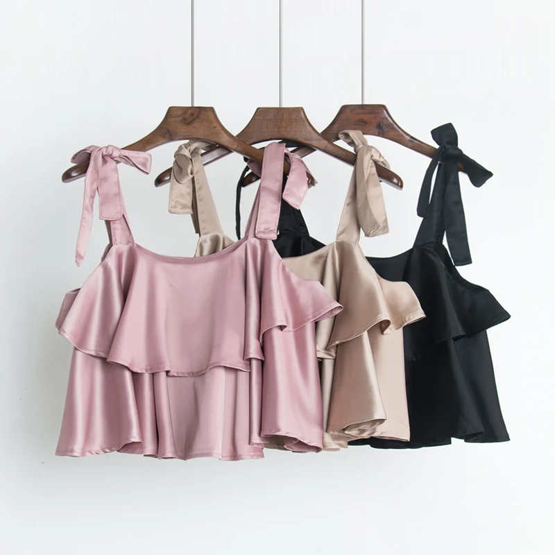 Amolapha Женские повседневные атласные гофрированные плотные танк-топы Camisole Молодежные женские летние туфли с ремешками Топы