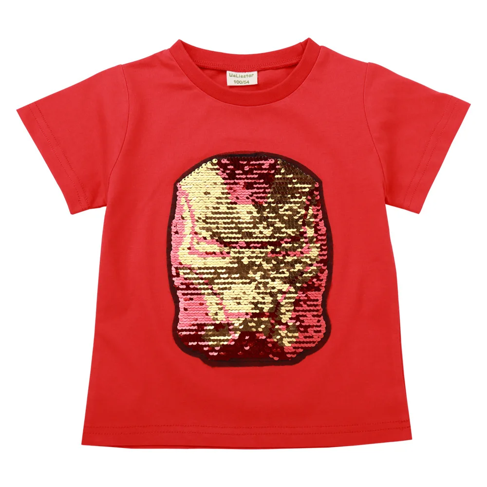 Iron Man B red YOFEEL/Летняя детская футболка для мальчиков; двухсторонние футболки для маленьких девочек с рисунком супергероя и пайетками; детская футболка с единорогом; одежда из хлопка; футболки - Цвет: Iron Man B red