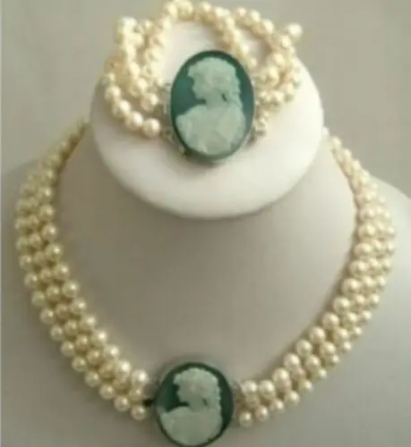 

3Strand 7-8mm White Akoya Pearl Cameo Necklace Bracelet