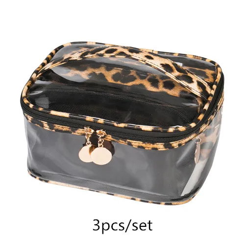 Light Brown Set of 3 Дамская леопардовая ПВХ косметичка дорожная Водонепроницаемый Косметический макияж туалетных принадлежностей для хранения Чехол подставка для помады Органайзер аксессуары - Цвет: Light Brown Set of 3