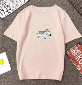 Light pink Весенне-летняя женская футболка с милым принтом зебры, короткий рукав, круглый вырез, хлопковая футболка, женские повседневные свободные топы - Цвет: Light pink