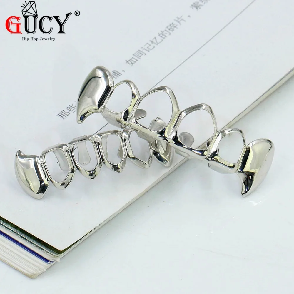 GUCY Custom Fit из чистого золота с покрытием Зубы вампира Четыре Полые Открытый лицо золотые рот GRILLZ шапки Топ и низ хип-хоп гриль набор