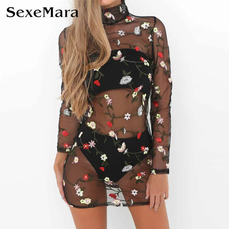 2017 новое лето boho кружева цветочные вышивки сетки dress long sleevse мини party водолазка