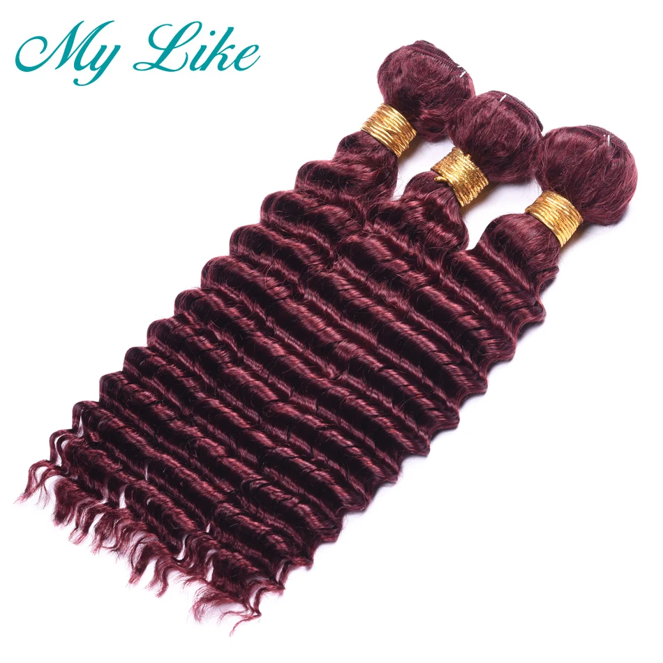 My Like Brazilian Deep Wave Hair Weave 3 Bundles Middle Ratio 8&quot-24&quot 99J Red Burgundy Non-remy 100% Human Extension | Шиньоны и