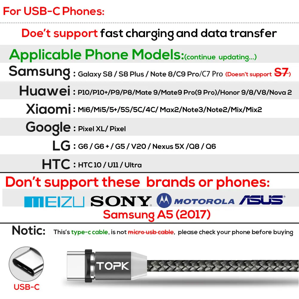 Магнитный кабель Topk USB Lightning/Type C/Micro нейлоновый 2м в ассортименте|Кабели для