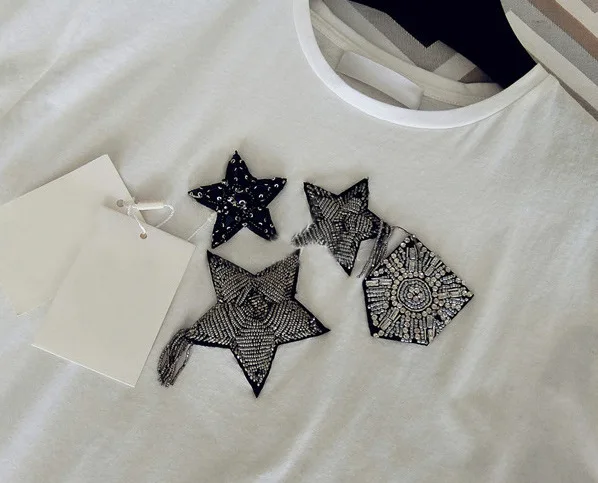 Short Sleeve Woman Round Neck Pullover Self-cultivation Rhinestone Nail Pearl Stars Stamp T Shirt M White Heavy Jacket | Женская одежда