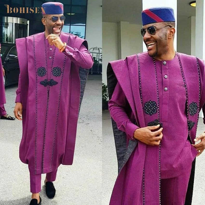 Мужская африканская одежда BOHISEN из 3 частей Bazin Agbada с длинным рукавом вечернее