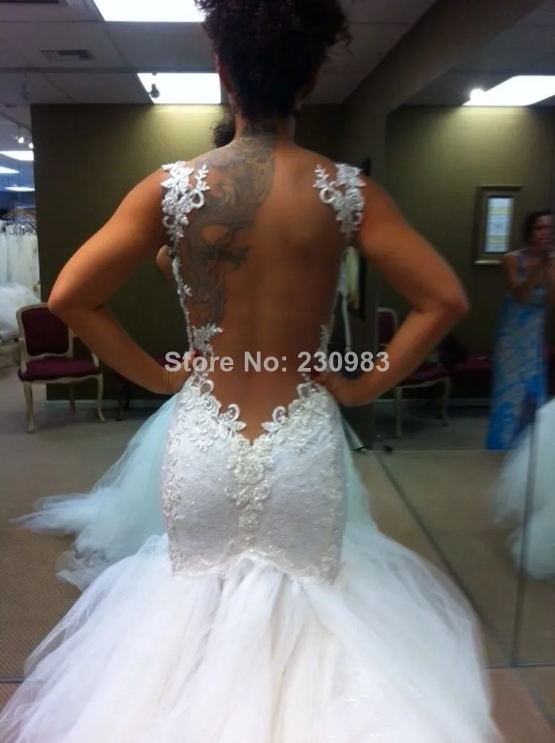 Eelgant Sweetheart with Slim Straps Lace/Embroidery Mermaid Wedding Dresses 2014 Backless White Bridal Gowns Vestidos De Novia |