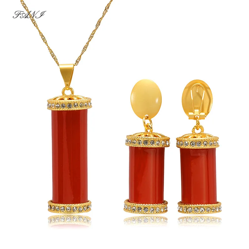 Fani 2018 Brand Wedding Pendant Necklaces &amp Earrings sets for Women/Teenage Girls Gold Round Cylinder Jewelry set Wholesale | Украшения