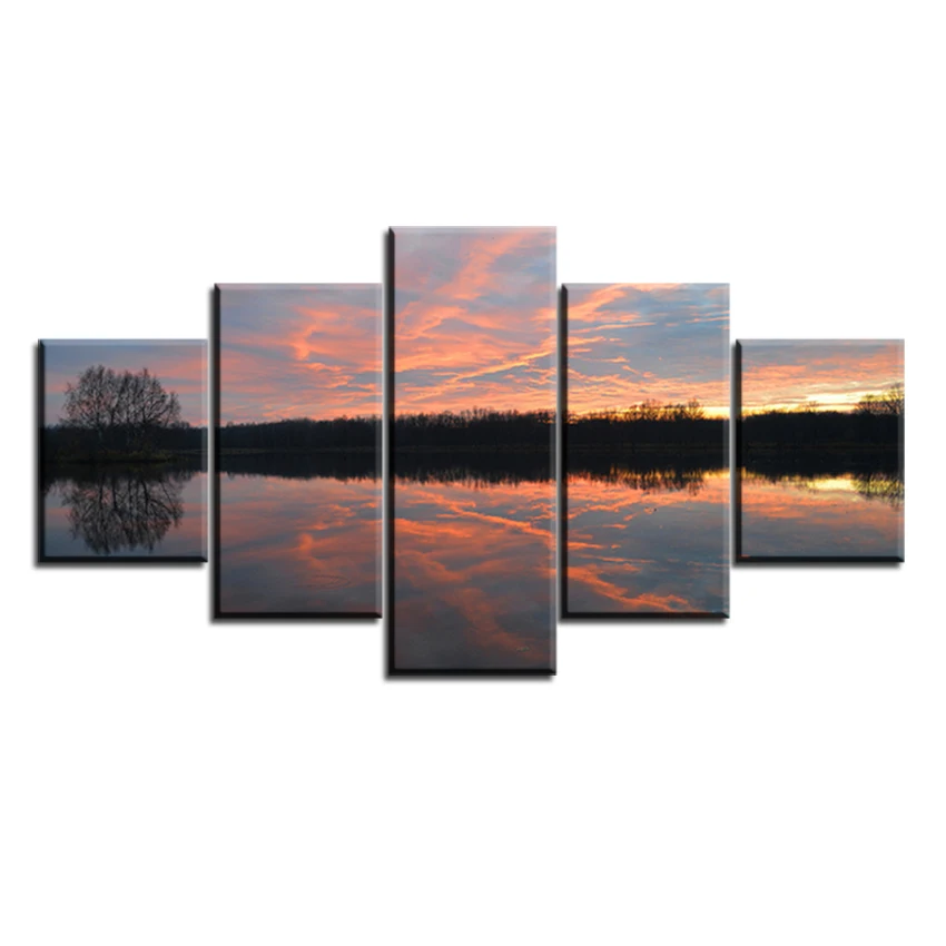 Деревья Закат-Небесно-отражающие-в-озере без рамки картина маслом холст печать