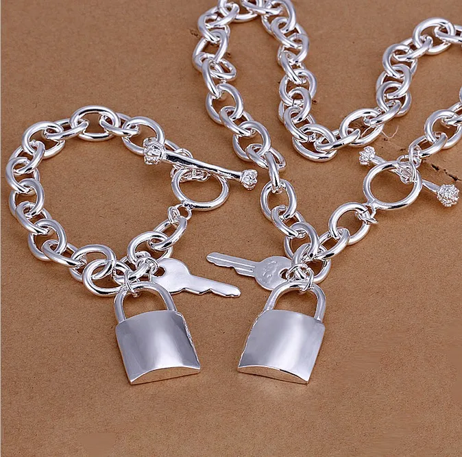 Free shipping wholesale hanging lock key to a set of three sterling silver jewelry necklace bracelet sets | Украшения и