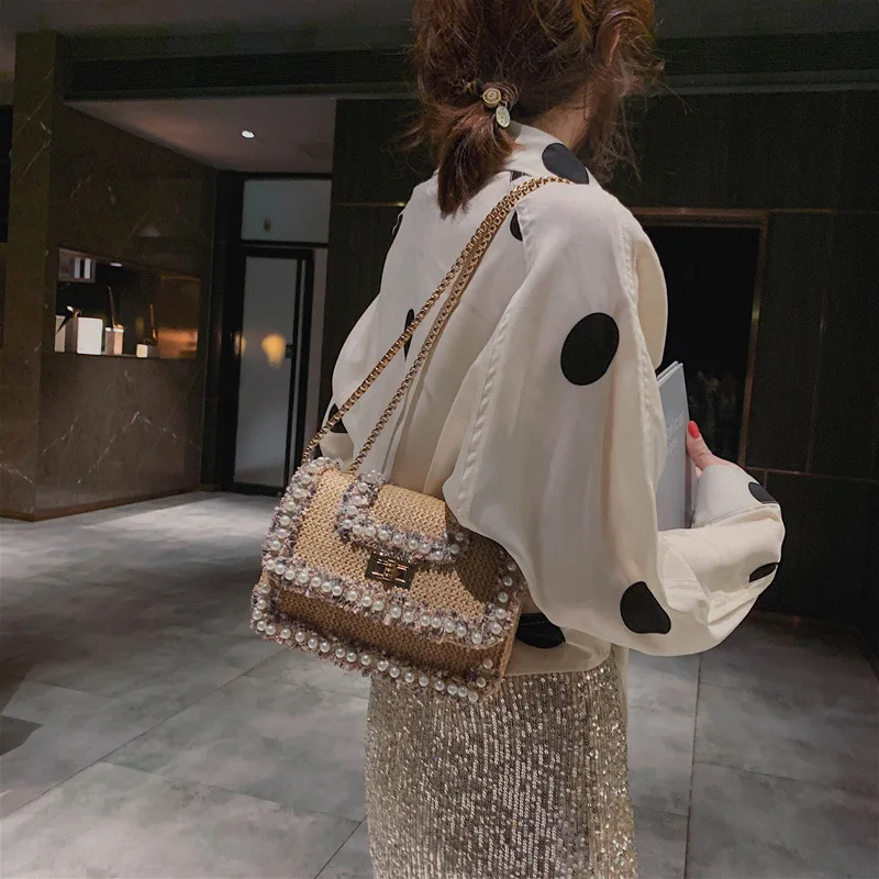 Women Bag Pearl Beach Shoulder Crossbody Messenger Flap Chain Slung Lock Buckle Luxury Handbags Bags Designer | Багаж и сумки