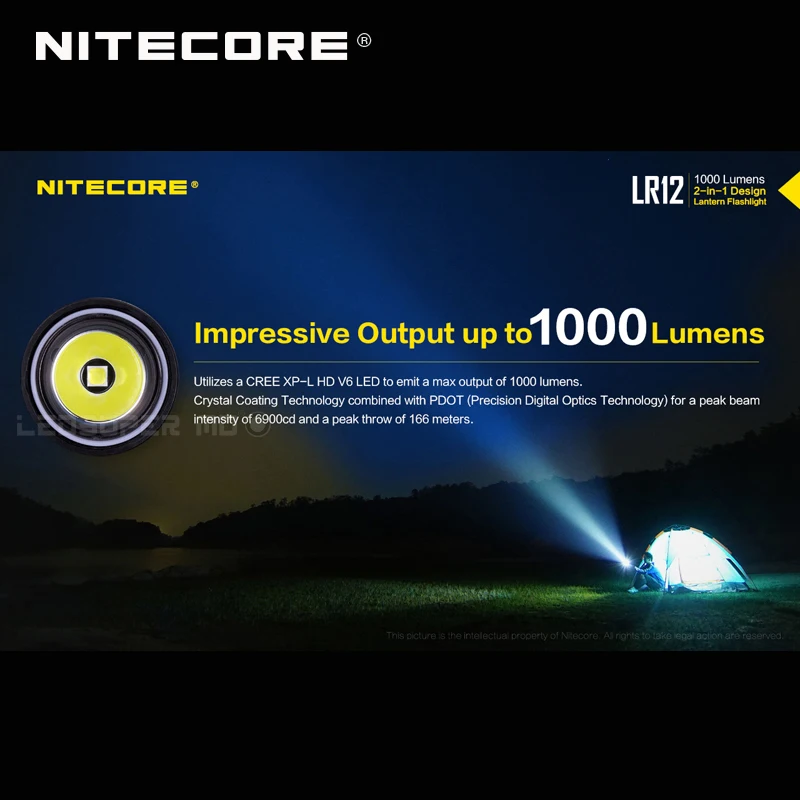 Горячая Nitecore LR12 2 в 1 дизайн CREE XP-L HD V6 светодиодный 1000 люмен выдвижной портативный фонарь