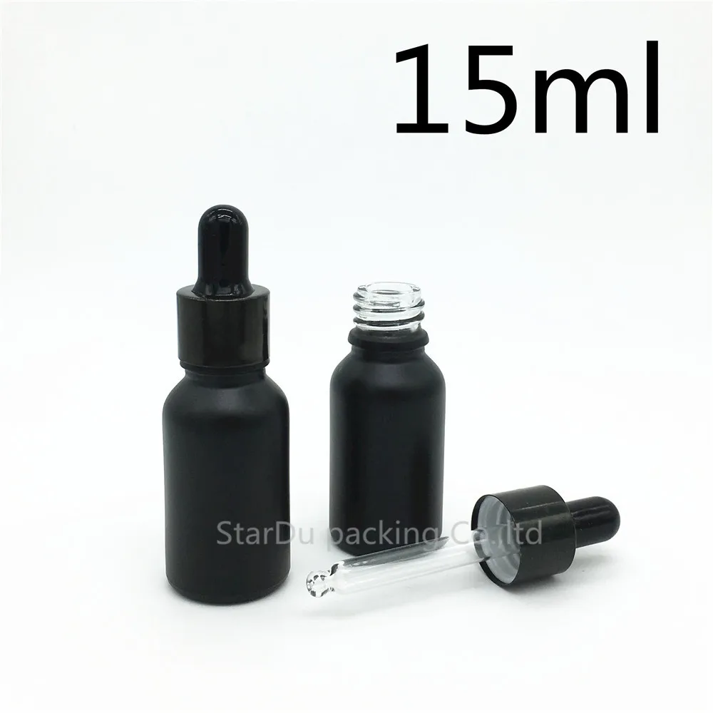 

200pcs/lot 15ml black frosted glass essential oil bottle with shiny black ring dropper 15cc glass perfume bottle