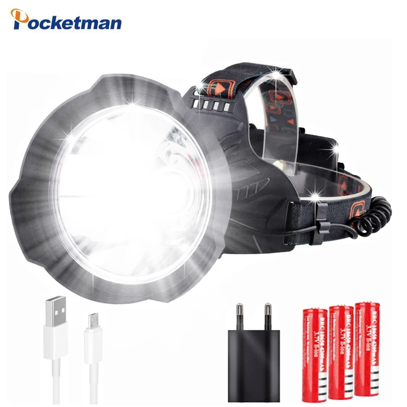Мощный люмен светодиодный налобный фонарь USB Перезаряжаемый ультра яркий Hardhat