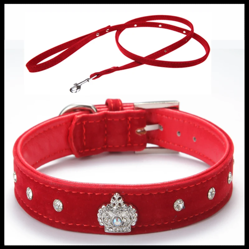 

Free shipping Material Adjustable necklace Rhinestones Pet Cat Dog Crown Collar Soft Velvet Leash and Collar set XS S M L