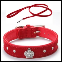 free shipping material adjustable necklace rhinestones pet cat dog crown collar soft velvet leash and collar set xs s m l