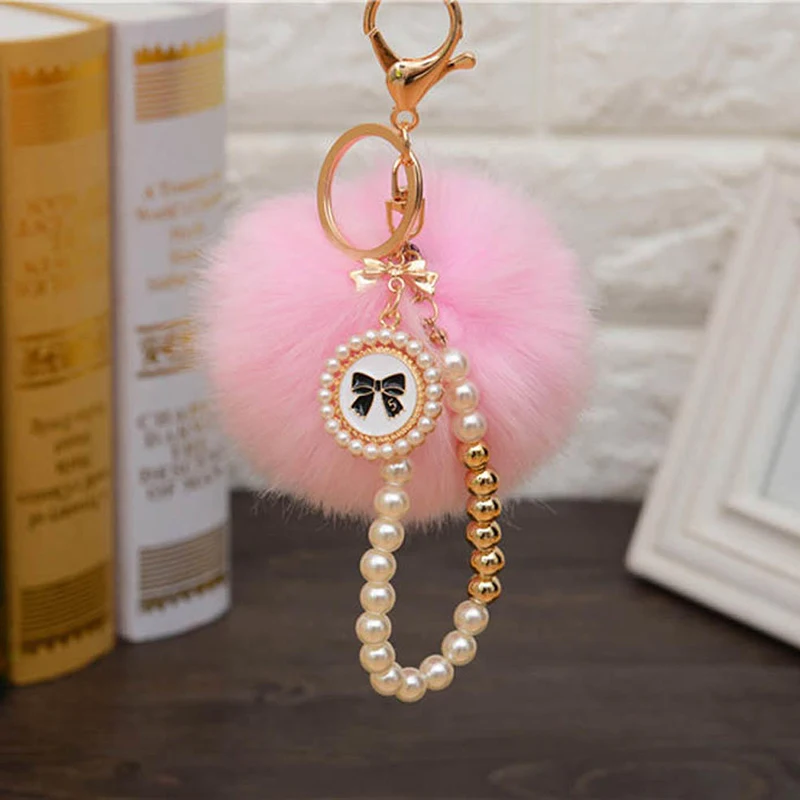 Модный шарик из кроличьей шерсти жемчужная цепочка для ключей Сумка с бантиком