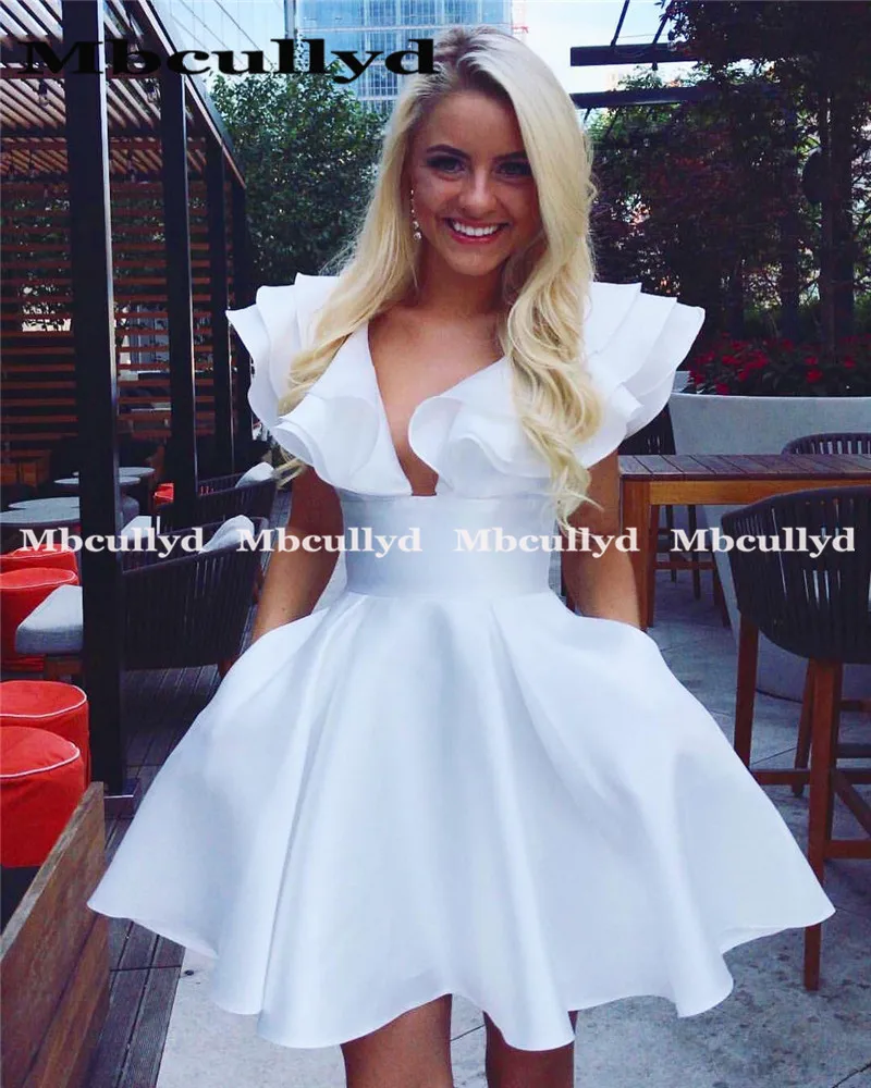 Сексуальное Белое Короткое платье Mbcully для выпускного вечера с V образным вырезом