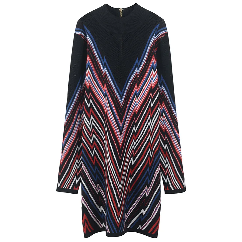 WHITNEY Ван 2018 осень зима уличной моды Цвета Contrast Striped сетка глаза вязаное платье Для