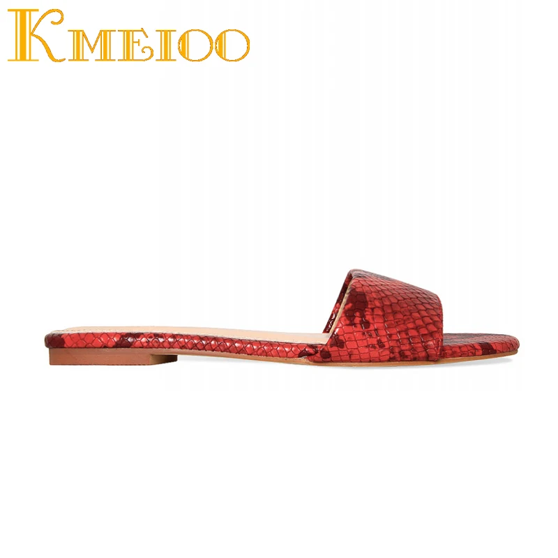 Шлепанцы Kmeioo женские змеиная кожа открытый носок плоская подошва повседневная