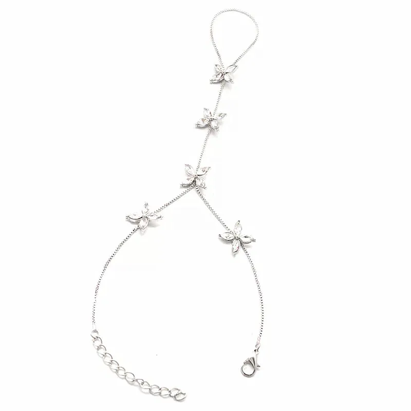 silver Новинка, Pulsera con anillo, модный браслет из цепочки, капля, Серебряный Кристалл, цветок, для женщин, металлическая рука, портупея цепь, Невольничий палец, кольцо B - Окраска металла: silver