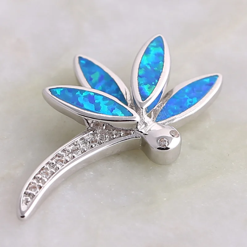 

Women Jewelry White Cubic Zirconia Blue Opal Silver Color Overlay Dragonfly Charm Necklaces Pendant For Women P053