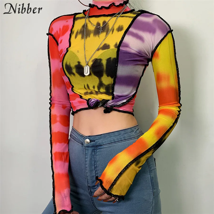 Nibber/модные сетчатые топы с разноцветным принтом и рюшами; Женские базовые T-shirts2019autumn; горячая распродажа; тонкие уличные повседневные футболки; mujer