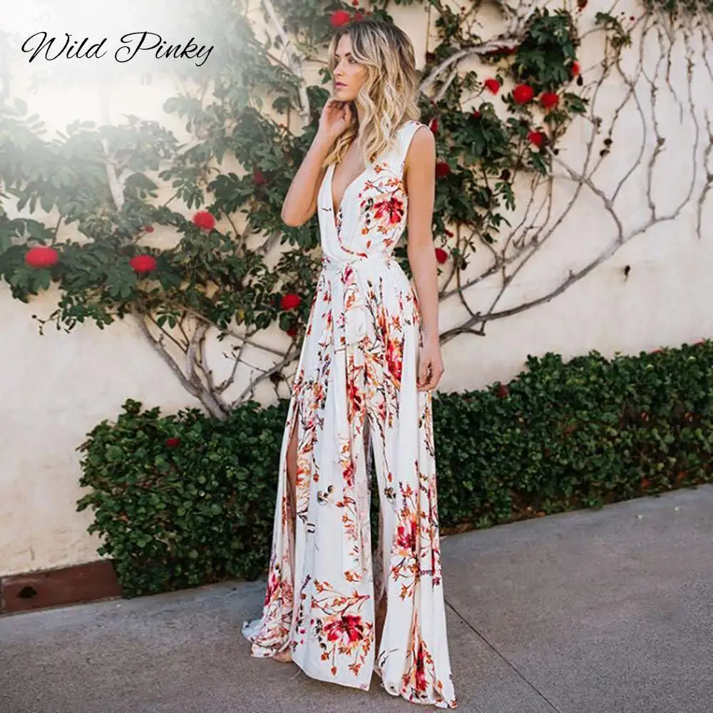 WildPinky Women White Floral Print Dress Sexy Summer Boho Deep V-neck Maxi Split Drawstring Beach Dresses Vestidos | Женская одежда